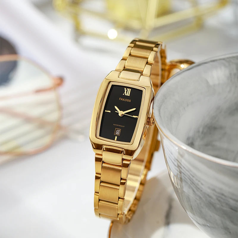 Relógio Bracelete Feminino Aurélize Noir – Luxo Dourado com Mostrador Retangular Elegante