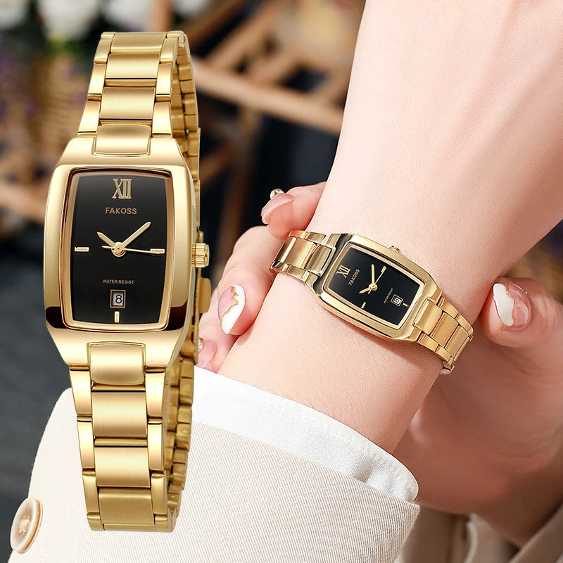 Relógio Bracelete Feminino Aurélize Noir – Luxo Dourado com Mostrador Retangular Elegante