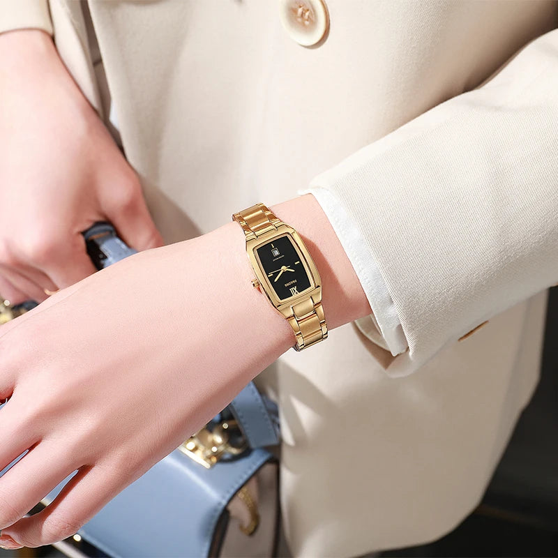 Relógio Bracelete Feminino Aurélize Noir – Luxo Dourado com Mostrador Retangular Elegante