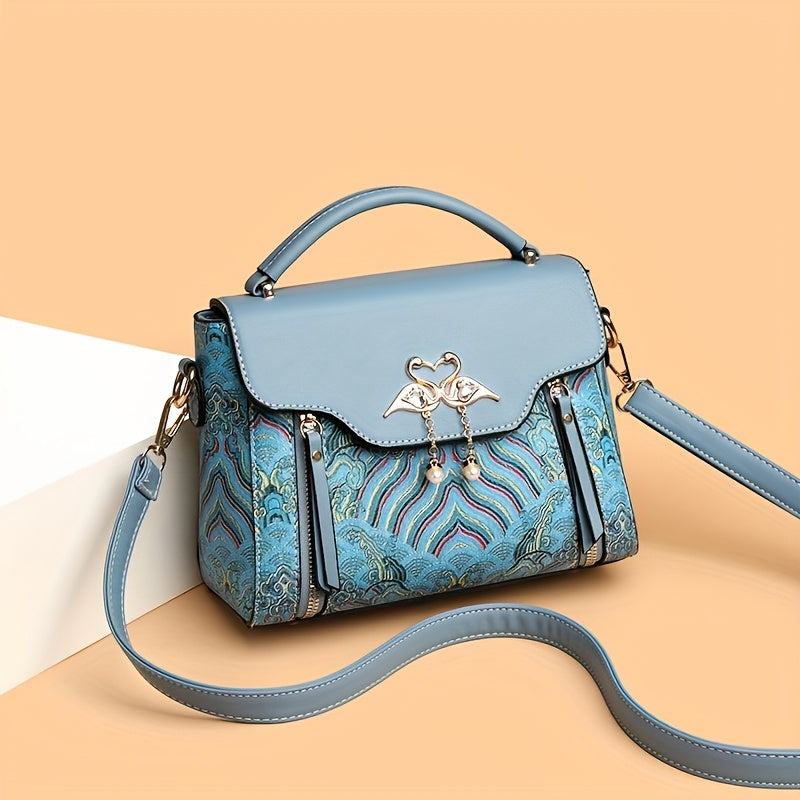 Bolsa Transversal Genevielle Mosaic – Couro Genuíno com Estampa Artística Luxo