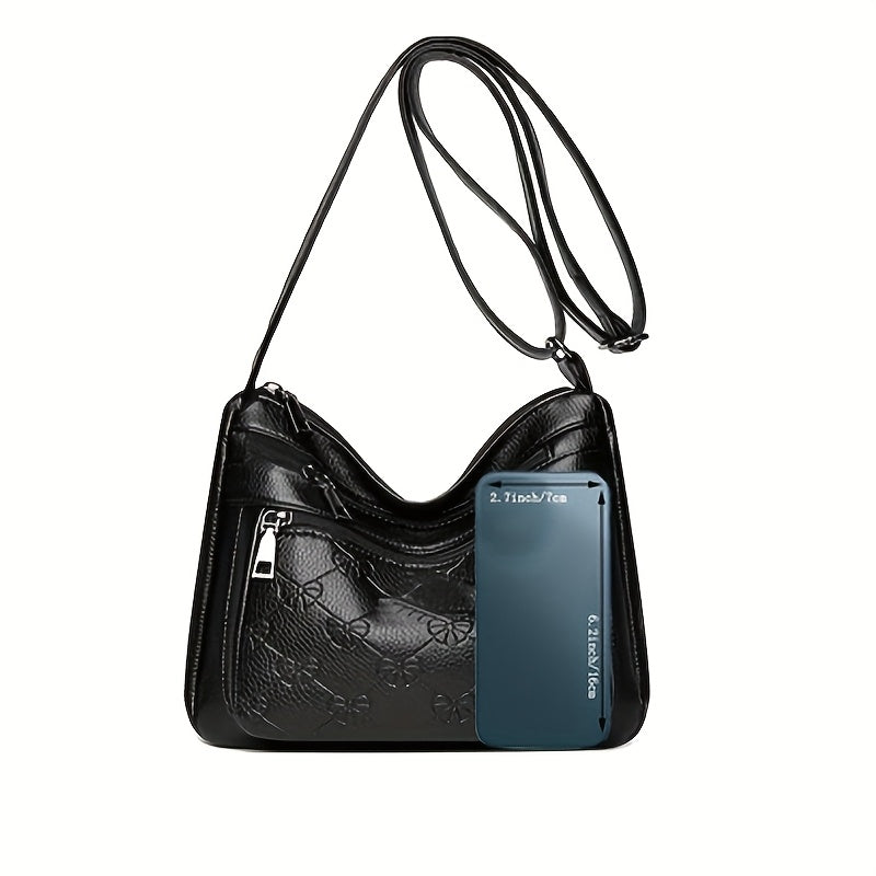 Bolsa shoulder feminina preta Verona com textura e zíper duplo