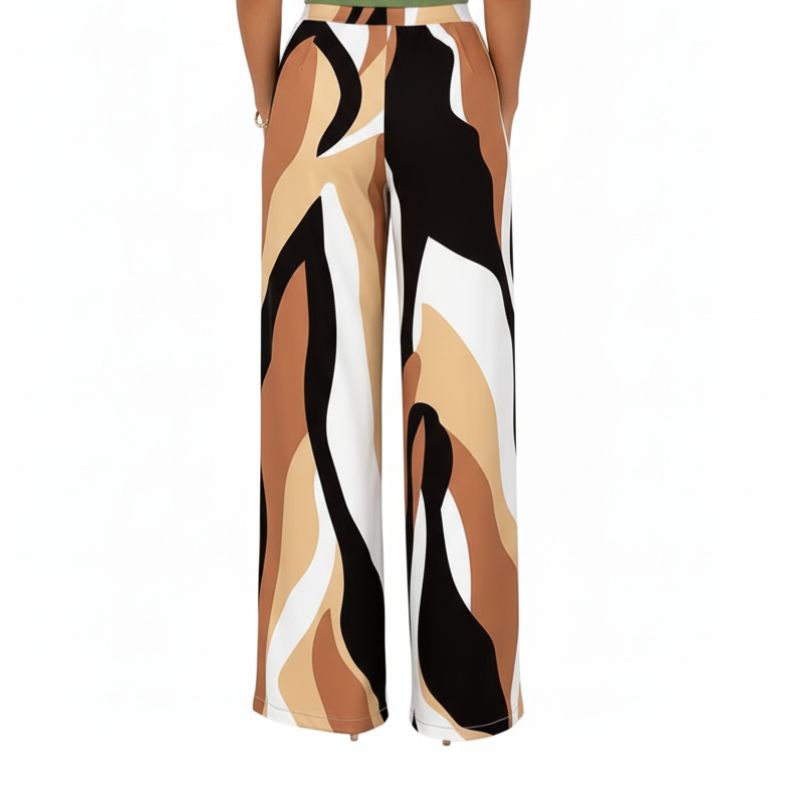 alt="Calça pantalona feminina estampada marrom e preto frente