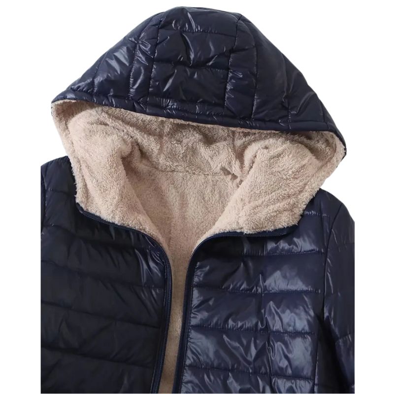 Casaco feminino elegante com capuz e design moderno azul marinho