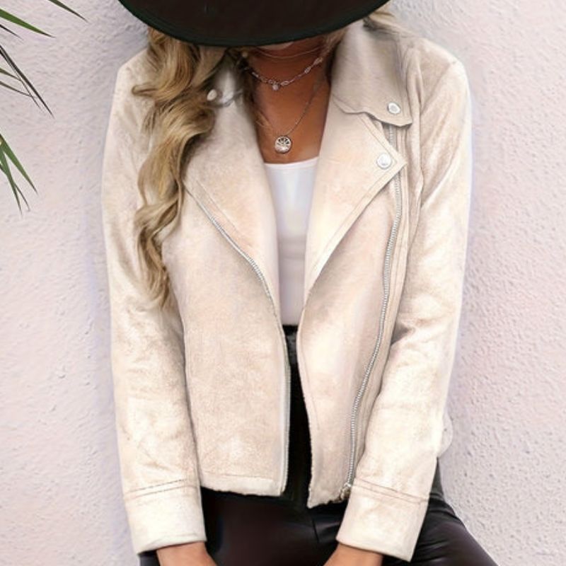 Jaqueta feminina branca em suede estilo biker Lux Concept