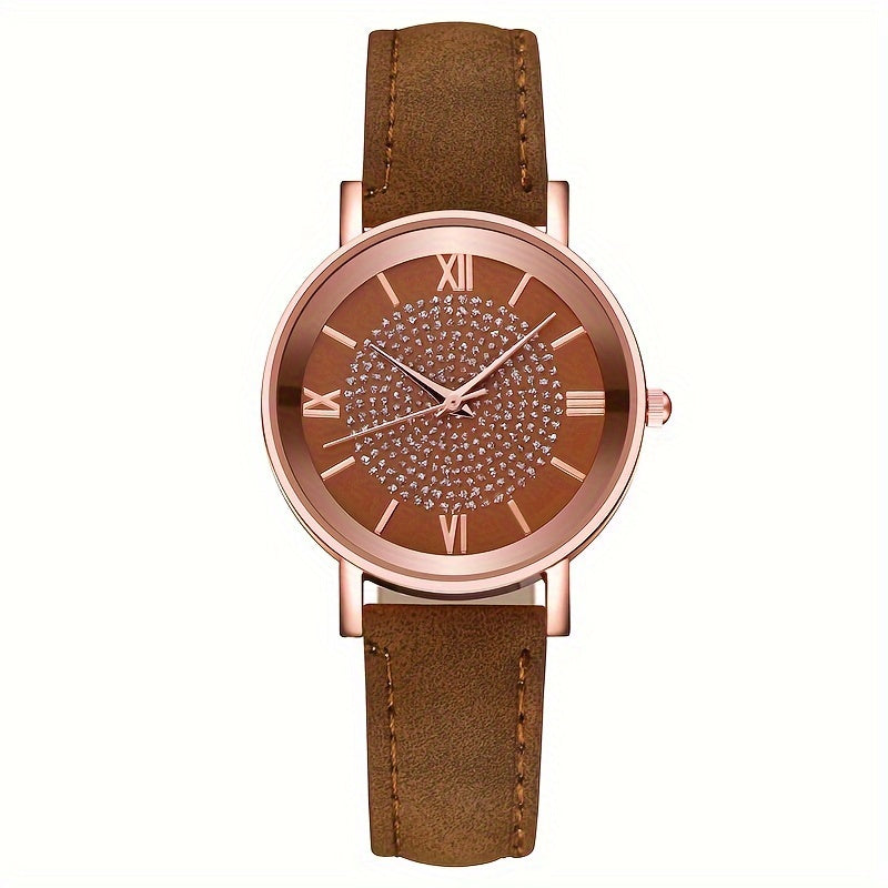Relógio feminino Lux Crystal com pulseira marrom em couro
