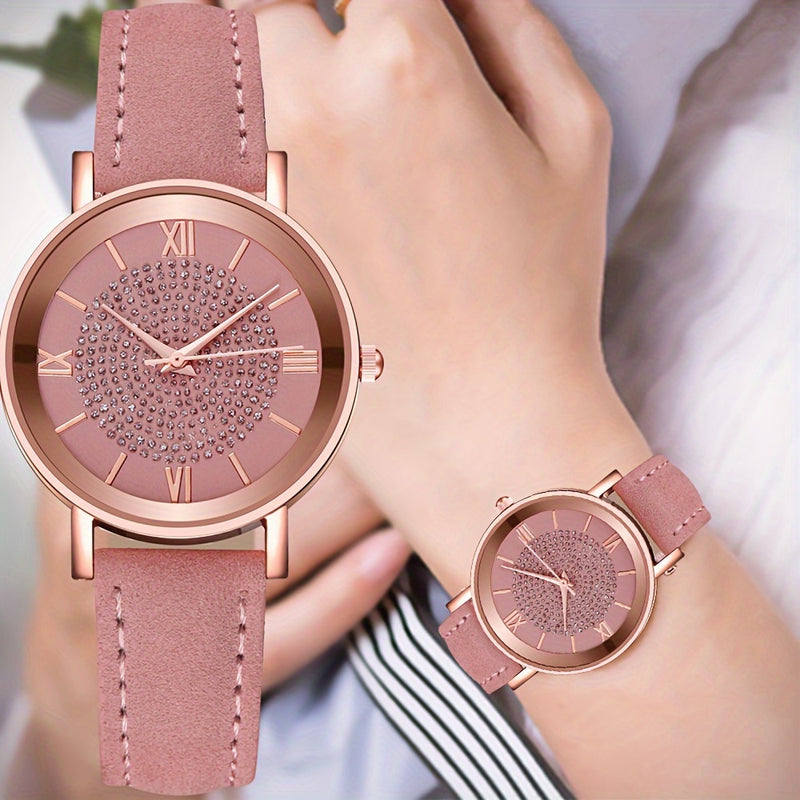 Relógio feminino Lux Crystal com pulseira rose em couro