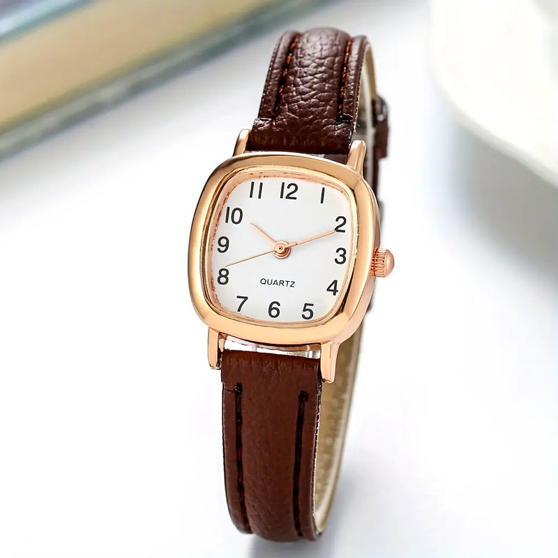 Relógio de pulso feminino elegante em couro marrom