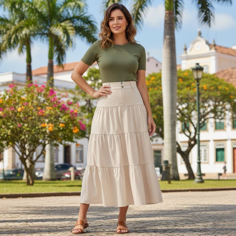 saia feminina evasê midi bege com camadas Lux Concept