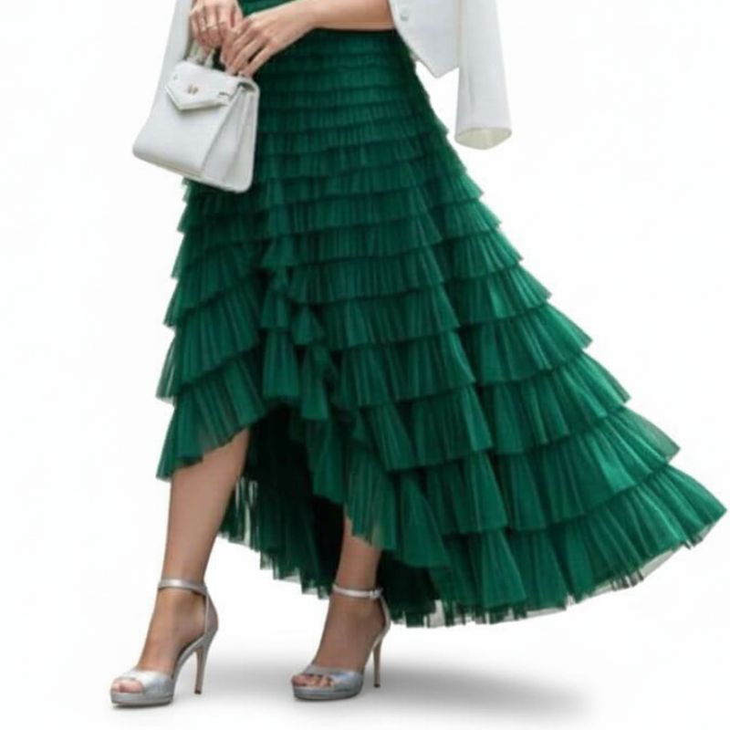 alt="Saia longuete feminina plissada verde com babados elegante para ocasiões especiais"