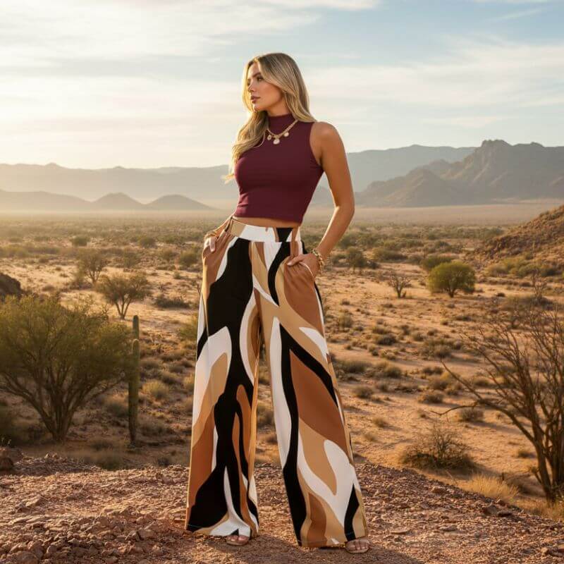 Calça pantalona feminina estampada carmesim cintura alta Urban Flow sofisticada e marcante