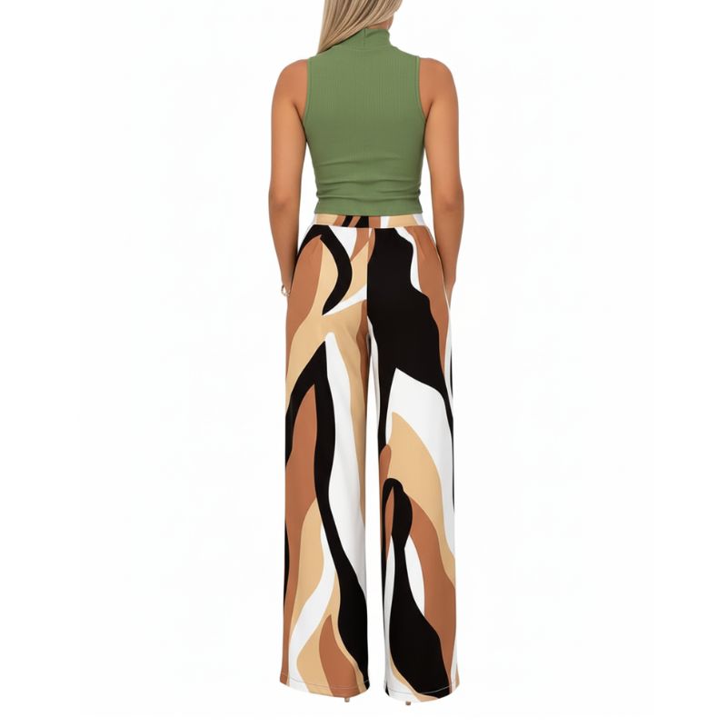 alt="Calça pantalona feminina estampada marrom e preto vista de costas elegante"