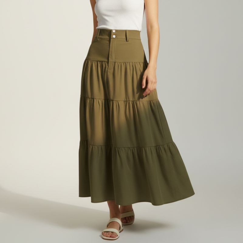 alt="Saia midi feminina verde evasê cintura alta fashion e moderna"