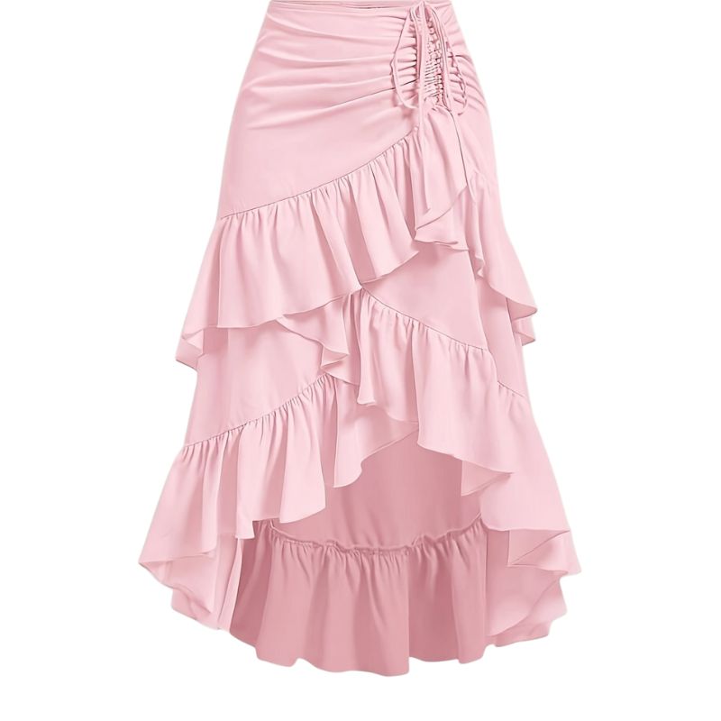 alt="Saia feminina longa evasê rosa com babados delicados estilo romântico"