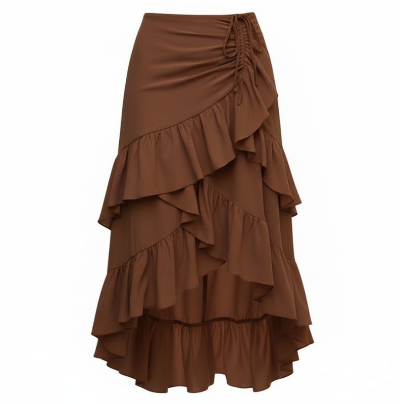 Saia midi evasê marrom feminina com babados Terra Charm elegante
