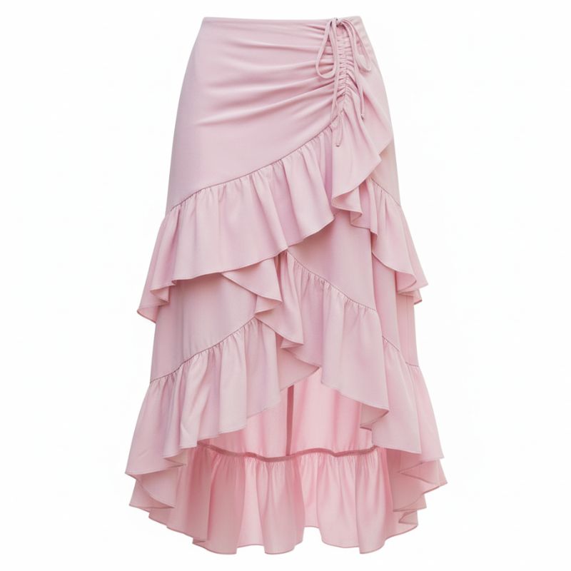 Saia feminina midi evasê rosa com babados - Bella Essence