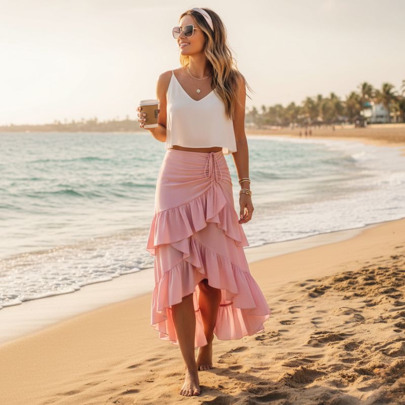 Saia feminina midi evasê rosa com babados - Bella Essence