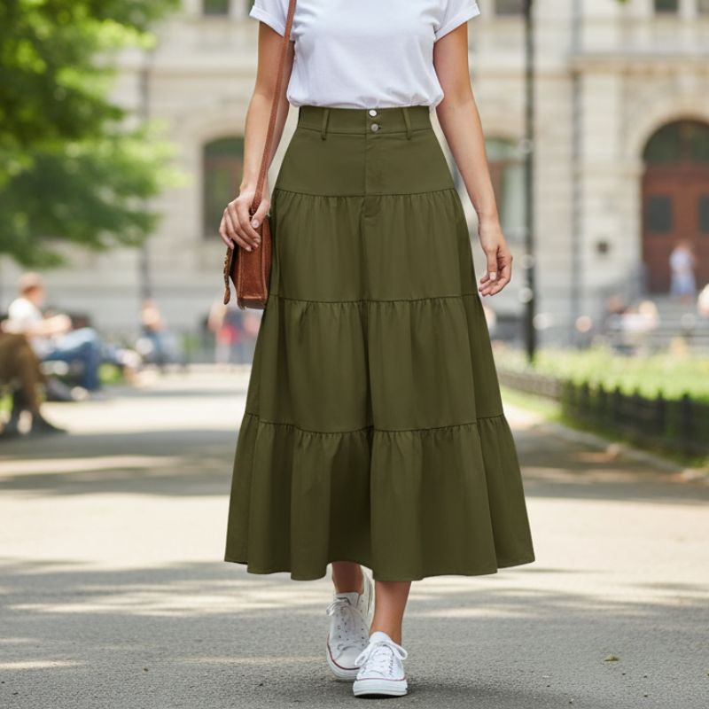 alt="Saia midi feminina verde evasê clássica e sofisticada para looks versáteis"