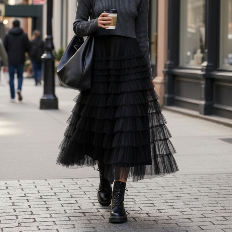 saia feminina longa plissada tule preto Aurora Charm com babados