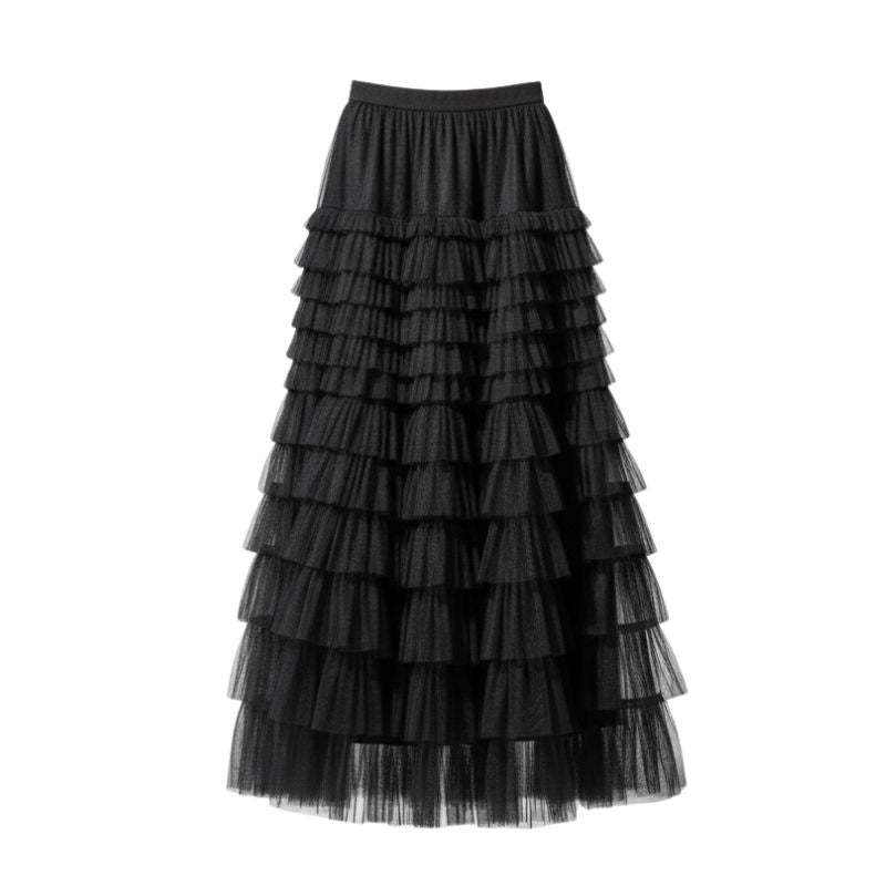 saia plissada midi feminina tule preto  
