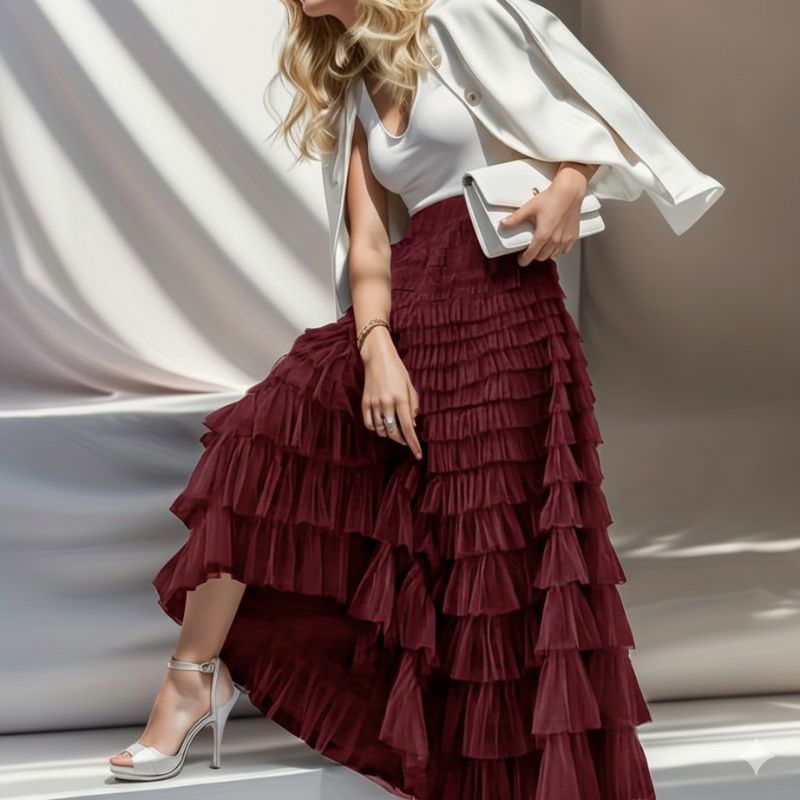 Saia Longa de Tule Vinho - Glamour e Movimento para Ocasiões Especiais