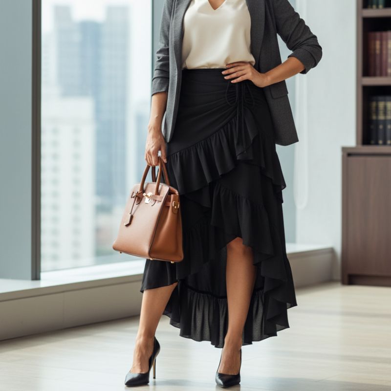 alt="Saia preta feminina midi com babados irregulares fashion para look moderno"