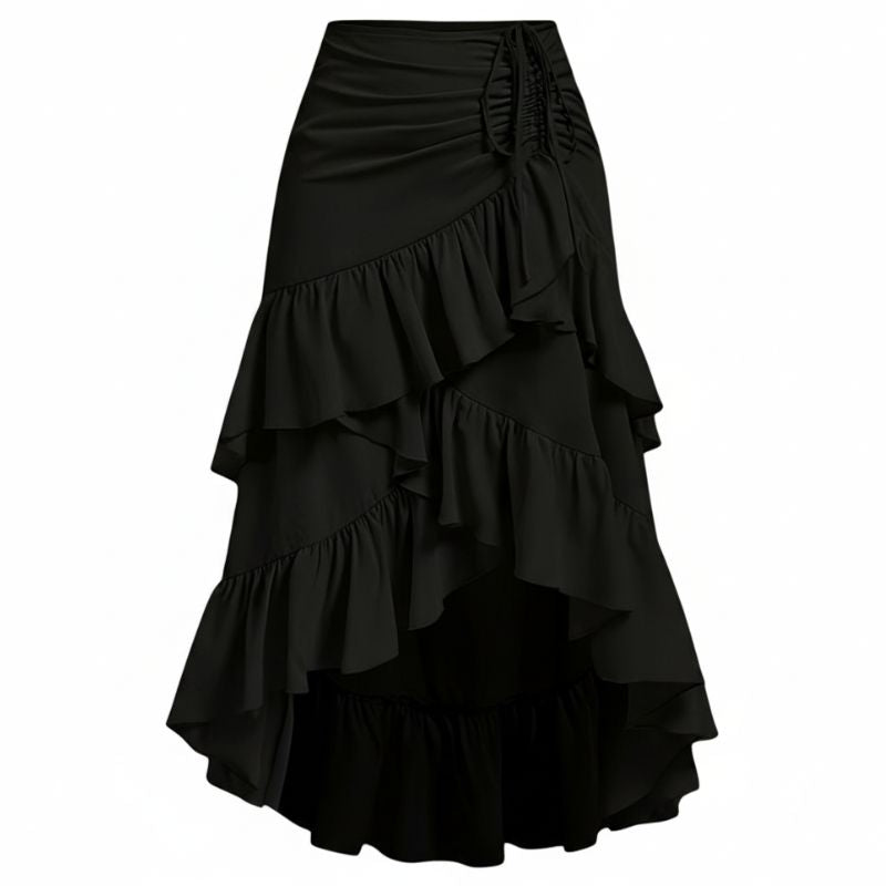 alt="Saia preta feminina midi com babados irregulares moderna e estilosa"