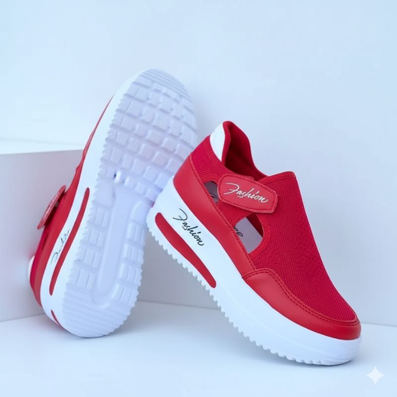 alt="Tênis feminino slip on vermelho confortável casual com solado branco antiderrapante"